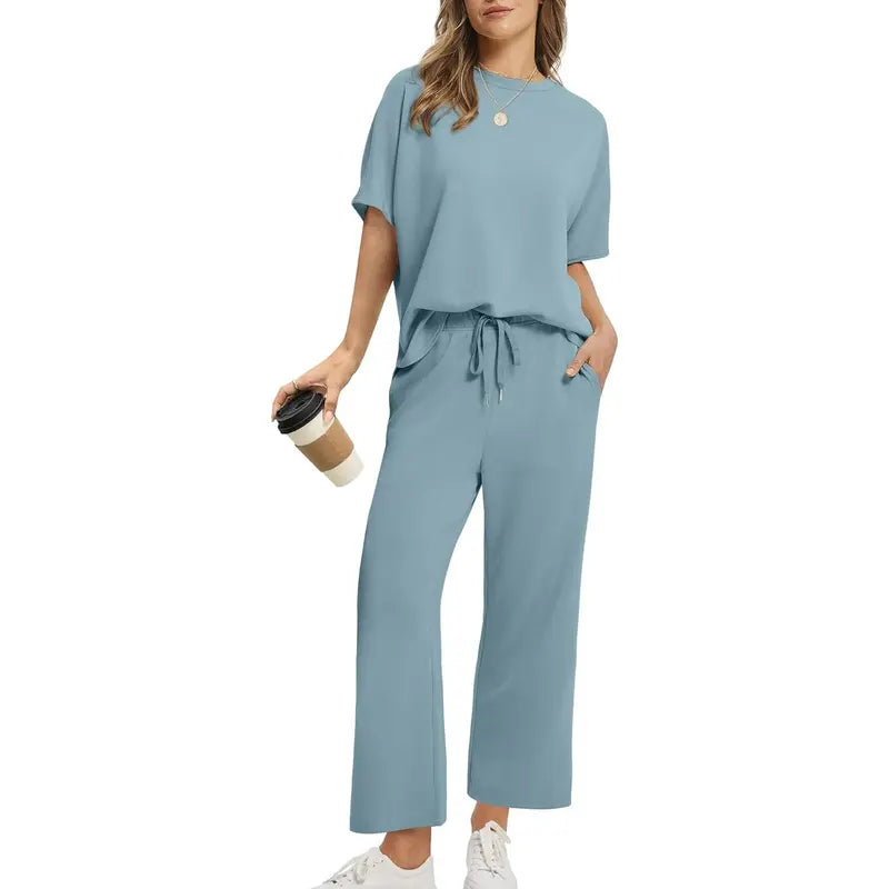 Two Piece Sets for Women Summer Outfits Oversized Wide Leg Crop Pants Lounge Sets Airport Beach Vacation Clothes