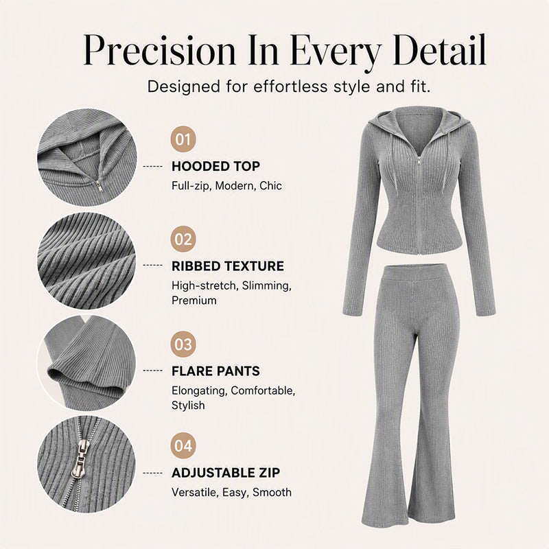 Women's Ribbed Hooded Zip-Up Jacket Flare Pants Set
