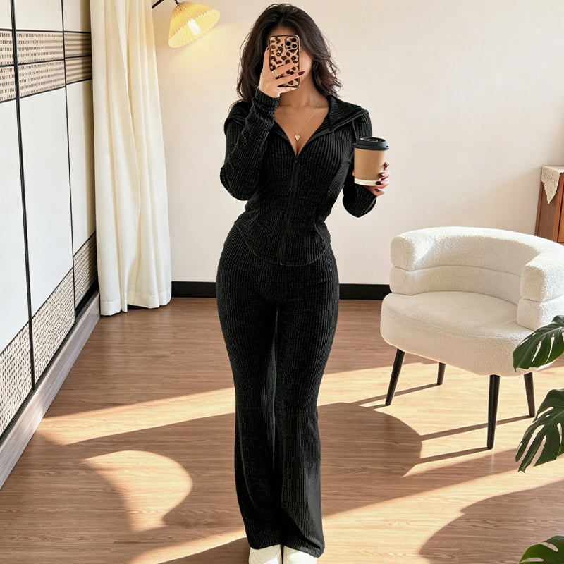 Women's Ribbed Hooded Zip-Up Jacket Flare Pants Set