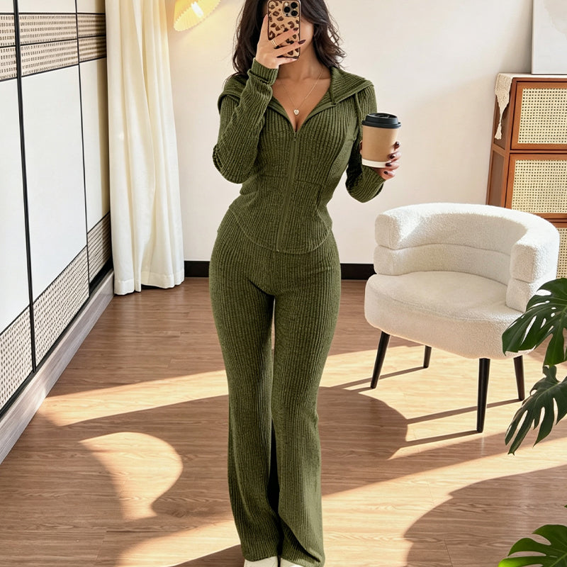 Women's Ribbed Hooded Zip-Up Jacket Flare Pants Set